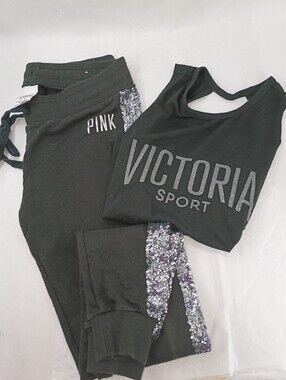 XS PINK VICTORIA'S SECRET Black Sequin Trim Jogging Pants & Glitter Tank Top Set